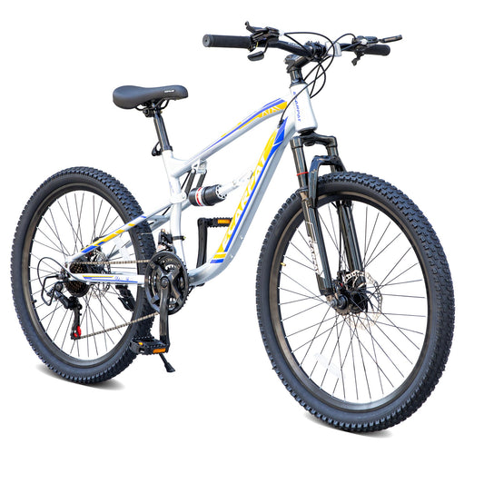 A2670 26 Inch Mountain Bike with 21-Speeds & Full Suspension Steel Frame, Alloy Rims, Disc Brakes For All Terrains, Men & Women, Multiple Colors